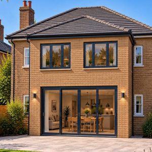 Two storey rear extension in buff brick with bi-fold doors onto a patio