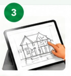Illustration of a tablet showing a drawing being configured, step three