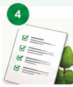 Illustration of a checklist, step four: review and buy