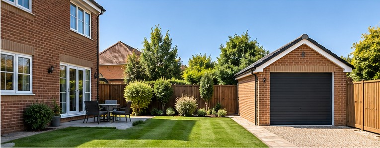 Detached garage standing separately behind the house in the rear garden