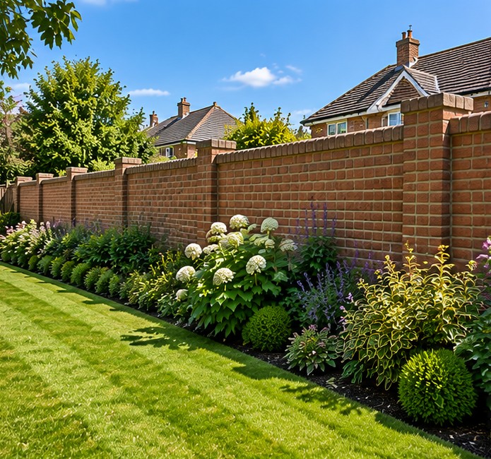 Brick garden boundary wall with planted border