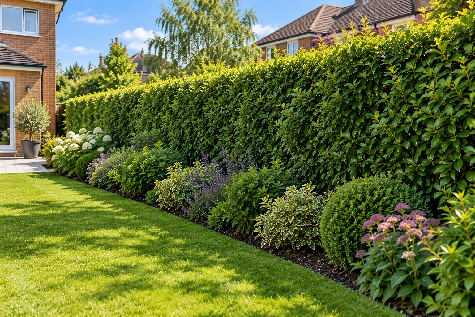 Garden boundary formed by a trimmed hedge and planted shrubs