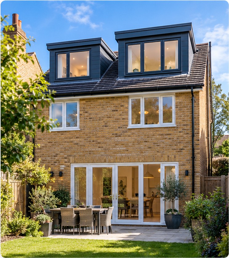 Rear view of a house with two dormer loft conversion