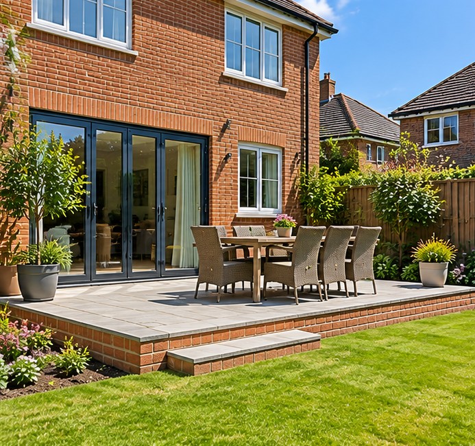Low raised paved terrace outside the back doors