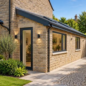 Single storey side extension in natural stone with a mono-pitch roof and rooflights, running along the side of a detached house