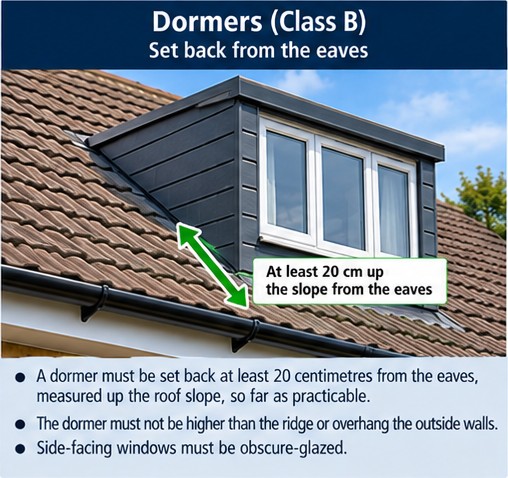 Dormers must be set back at least 20 centimetres up the roof slope from the eaves
