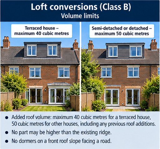 Loft conversions: maximum 40 cubic metres added for a terraced house, 50 cubic metres for other houses