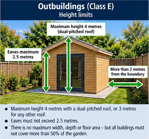 Outbuilding height limits: 4 metres with a dual-pitched roof, 3 metres for other roofs, eaves maximum 2.5 metres