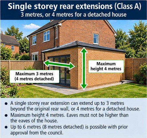 Single storey rear extension: maximum 3 metres deep, or 4 metres for a detached house, and maximum 4 metres high