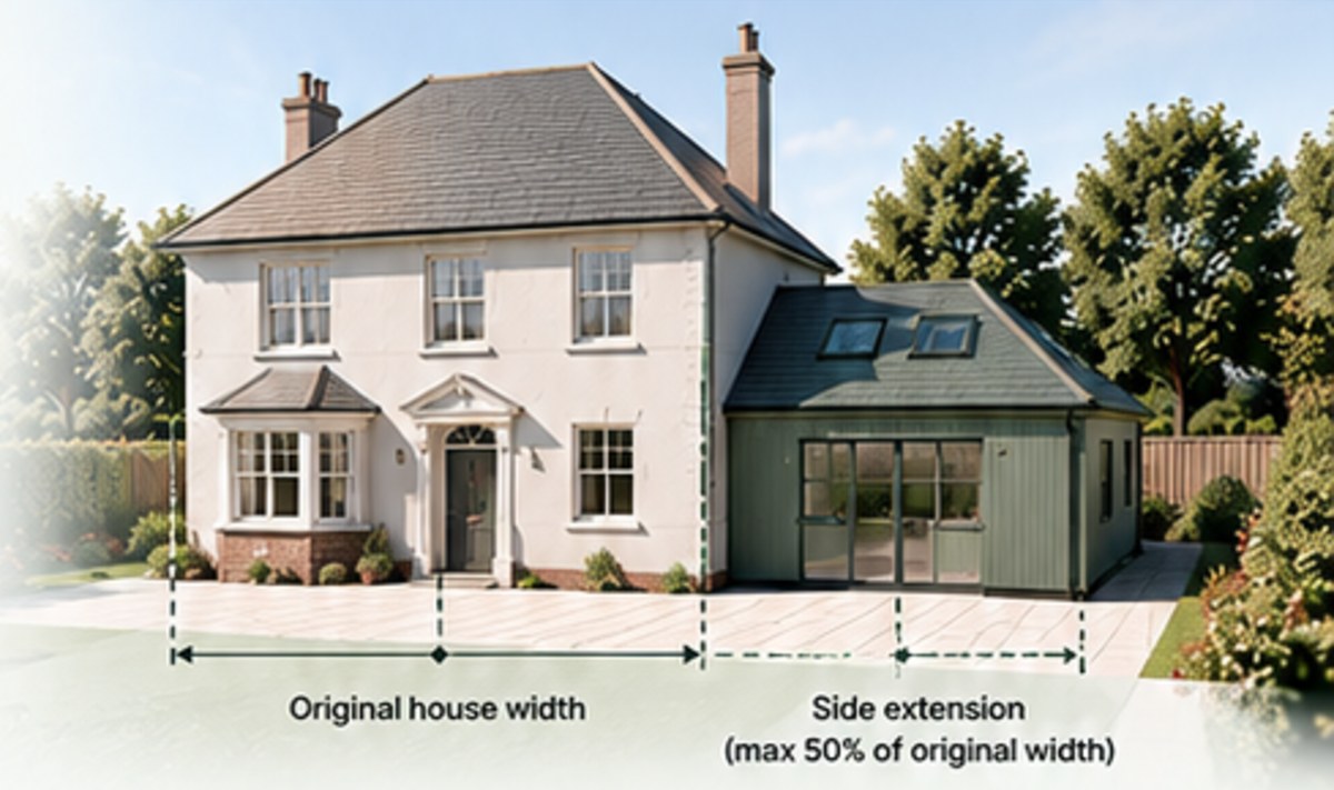 Diagram: side extension no more than half the width of the original house