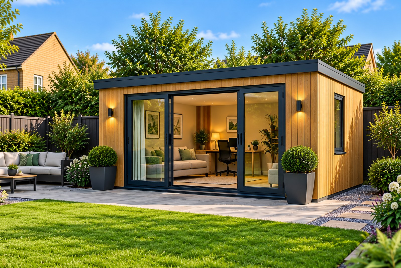A timber garden office built as an outbuilding