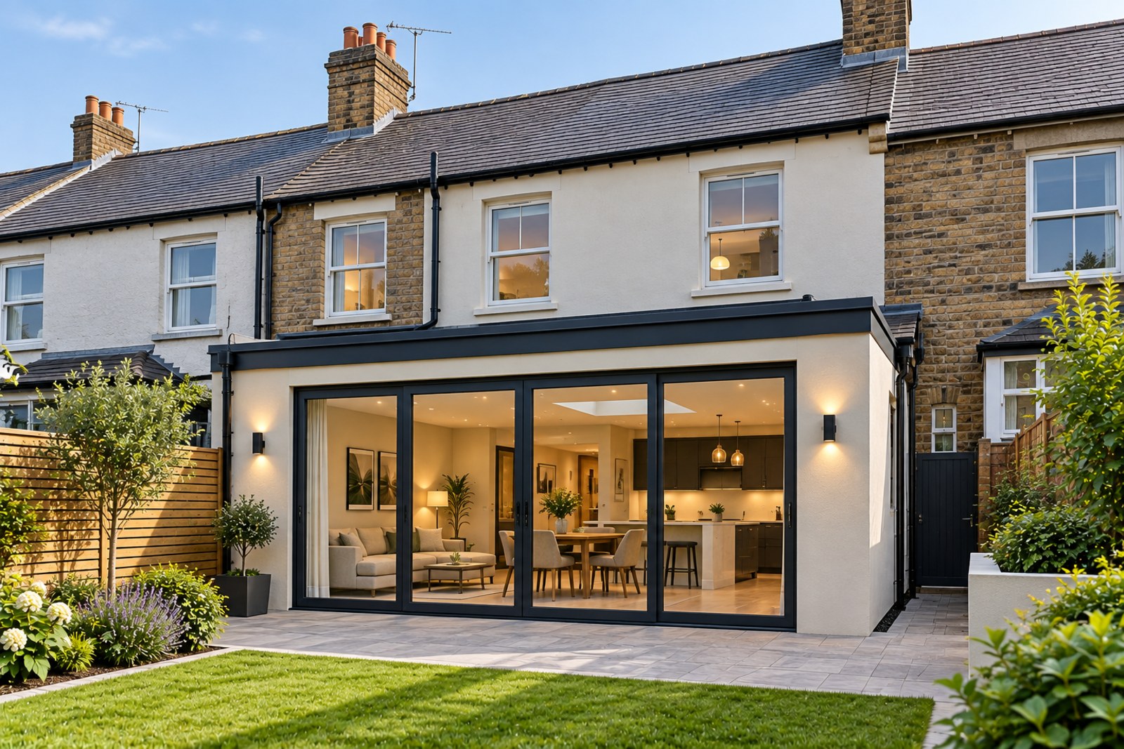 Single storey rear extension with bi-fold doors onto a garden