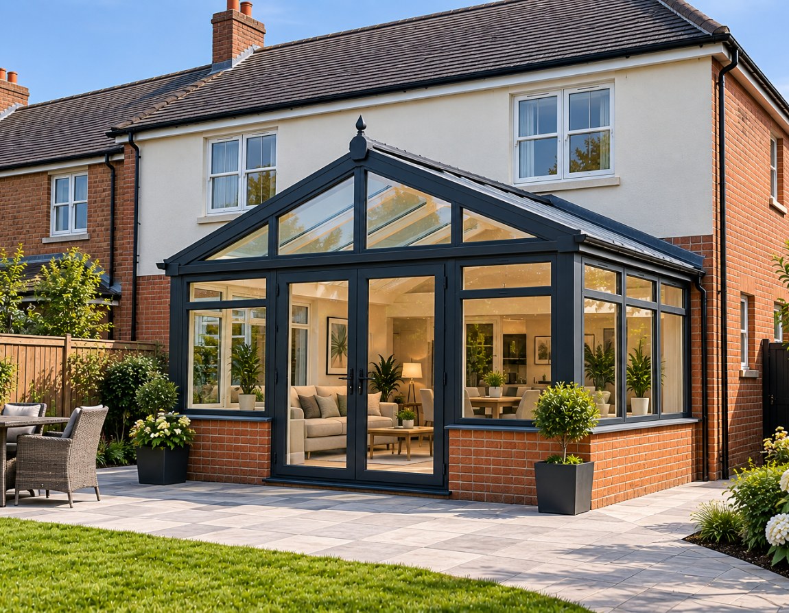 Glazed conservatory with a pitched roof onto a paved garden
