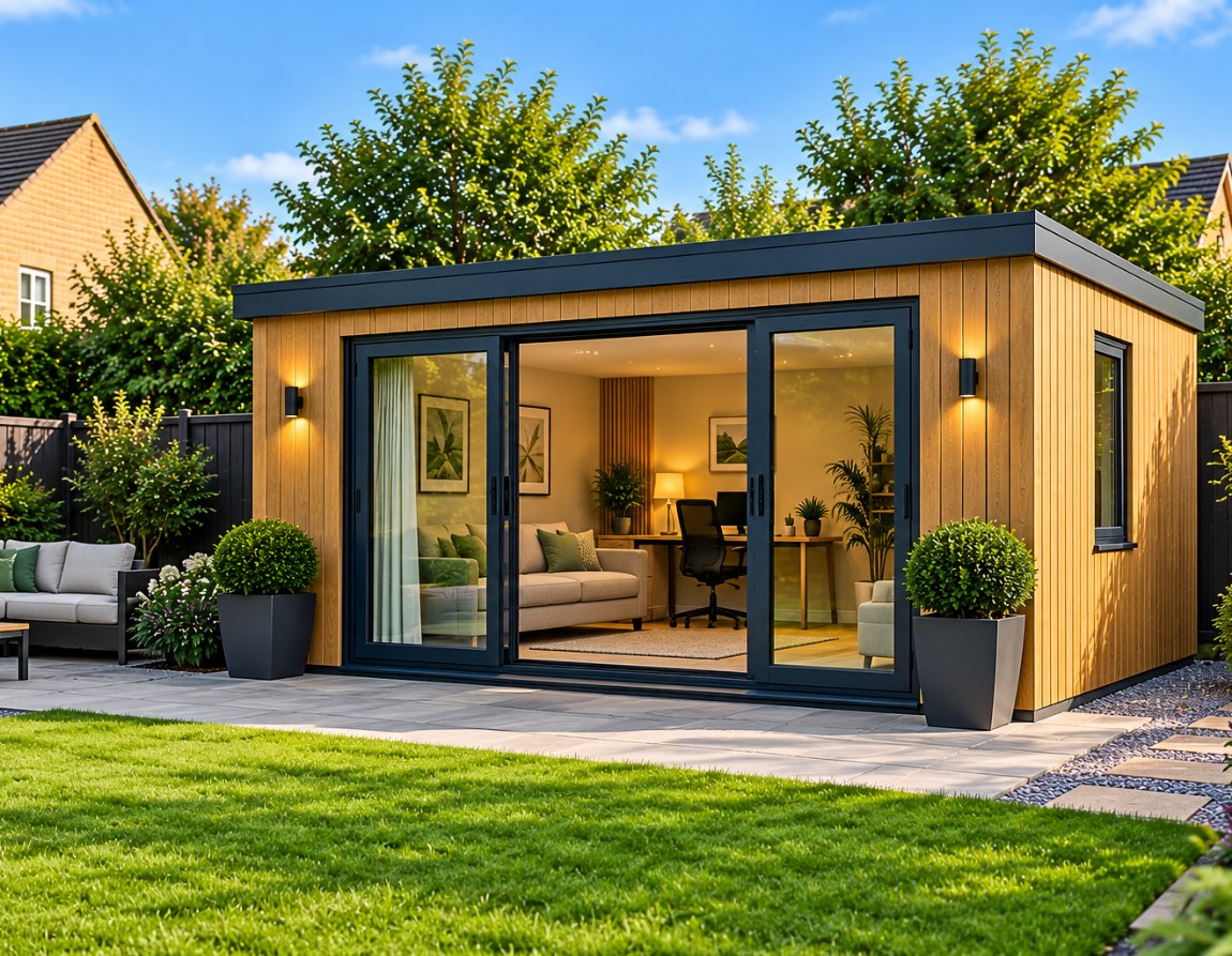 Detached garden room with full-width glazed doors onto the lawn