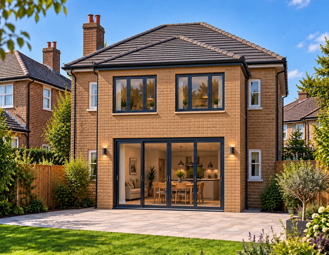 Two storey rear extension in buff brick with full-height glazing onto the garden