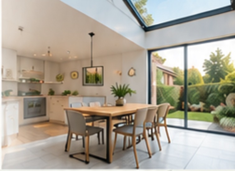 Open plan kitchen and dining space in a single storey side extension